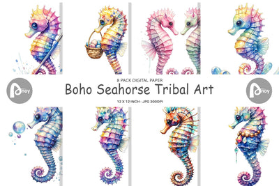 Digital Paper Watercolor Boho Seahorse Tribal Art Digital Pattern artnoy 