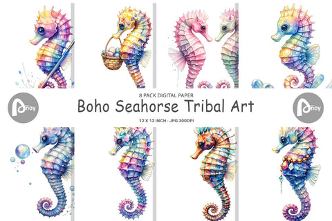 Digital Paper Watercolor Boho Seahorse Tribal Art Digital Pattern artnoy 