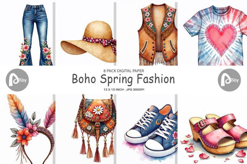 Digital Paper Watercolor Boho Spring Fashion 70s Accessories & Attire Digital Pattern artnoy 