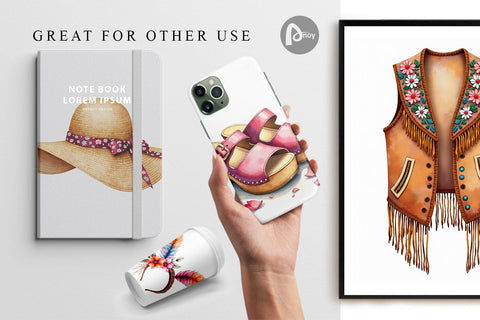 Digital Paper Watercolor Boho Spring Fashion 70s Accessories & Attire Digital Pattern artnoy 