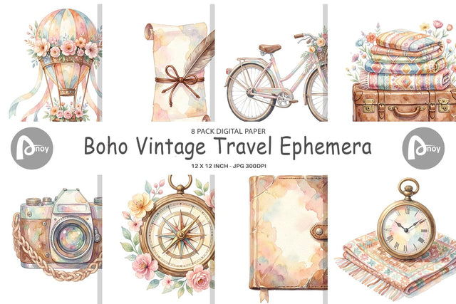 Digital Paper Watercolor Boho Vintage Travel Ephemera Digital Pattern artnoy 