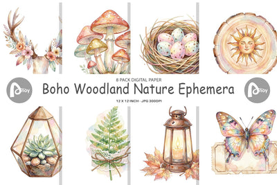 Digital Paper Watercolor Boho Woodland Nature Ephemera Digital Pattern artnoy 