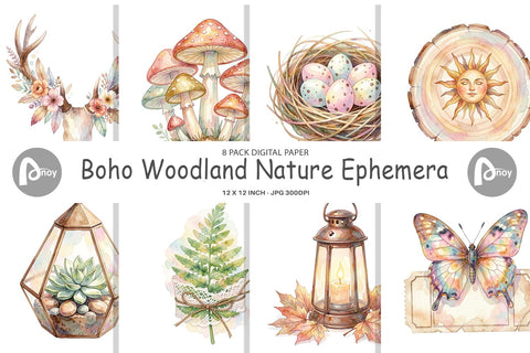 Digital Paper Watercolor Boho Woodland Nature Ephemera Digital Pattern artnoy 