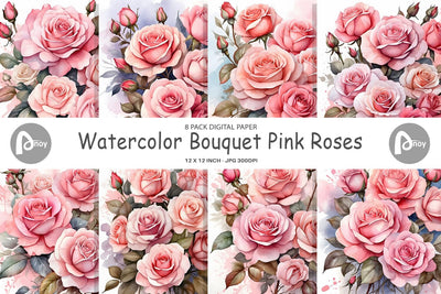 Digital Paper Watercolor Bouquet Pink Roses Sublimation artnoy 