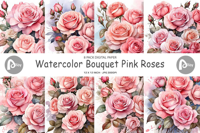 Digital Paper Watercolor Bouquet Pink Roses Sublimation artnoy 