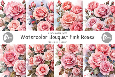 Digital Paper Watercolor Bouquet Pink Roses Sublimation artnoy 