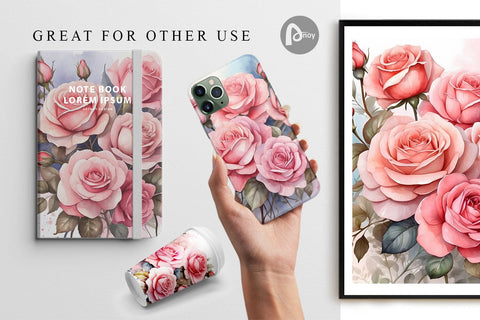 Digital Paper Watercolor Bouquet Pink Roses Sublimation artnoy 