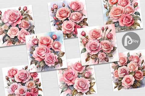 Digital Paper Watercolor Bouquet Pink Roses Sublimation artnoy 