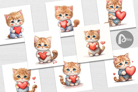 Digital Paper Watercolor Cat and Heart Digital Pattern artnoy 