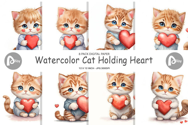 Digital Paper Watercolor Cat and Heart Digital Pattern artnoy 