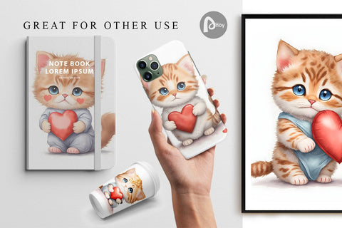 Digital Paper Watercolor Cat and Heart Digital Pattern artnoy 