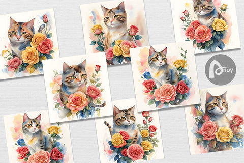 Digital Paper Watercolor Cat Flower Digital Pattern artnoy 