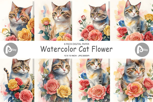 Digital Paper Watercolor Cat Flower Digital Pattern artnoy 