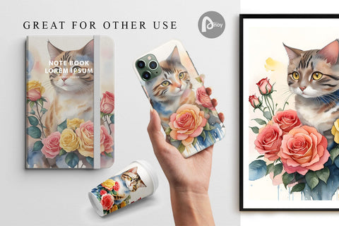 Digital Paper Watercolor Cat Flower Digital Pattern artnoy 