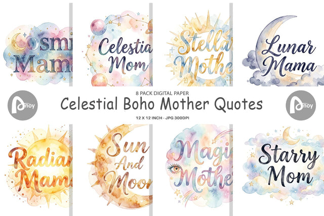 Digital Paper Watercolor Celestial Boho Mother Quotes Digital Pattern artnoy 