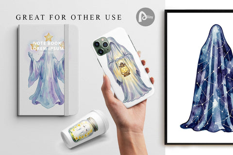 Digital Paper Watercolor Celestial Dreaming Moon Ghost Digital Pattern artnoy 