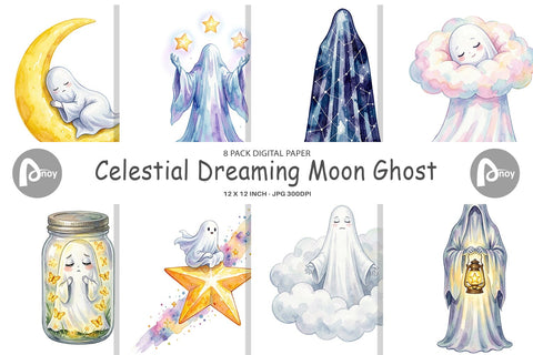 Digital Paper Watercolor Celestial Dreaming Moon Ghost Digital Pattern artnoy 