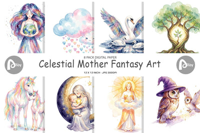 Digital Paper Watercolor Celestial Mother Fantasy Art Digital Pattern artnoy 