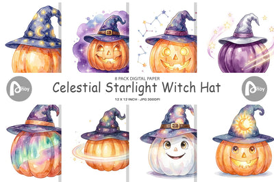 Digital Paper Watercolor Celestial Starlight Witch Hat Digital Pattern artnoy 