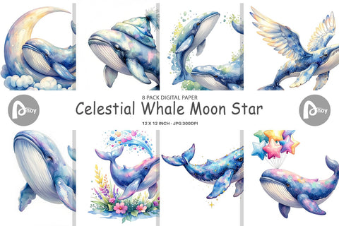 Digital Paper Watercolor Celestial Whale Moon Star Digital Pattern artnoy 