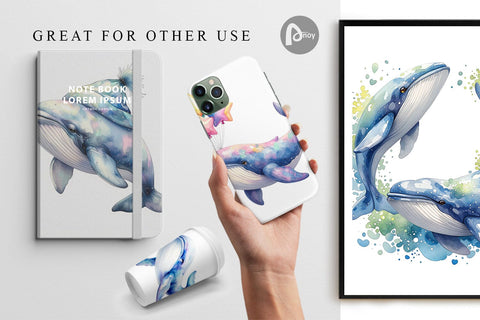 Digital Paper Watercolor Celestial Whale Moon Star Digital Pattern artnoy 