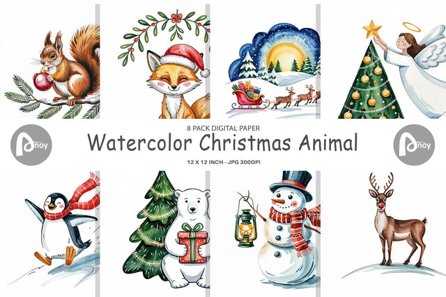 Digital Paper Watercolor Christmas Animal Digital Pattern artnoy 