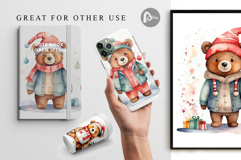 Digital Paper Watercolor Christmas Bear Digital Pattern artnoy 