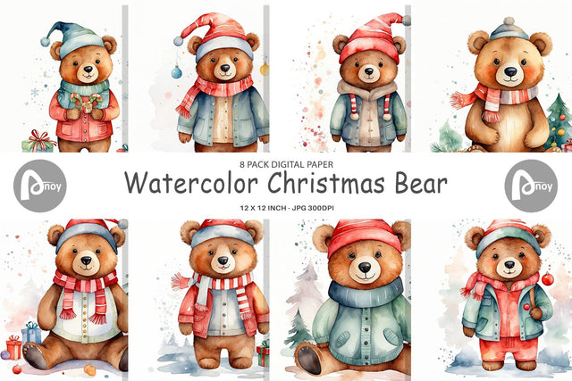Digital Paper Watercolor Christmas Bear Digital Pattern artnoy 