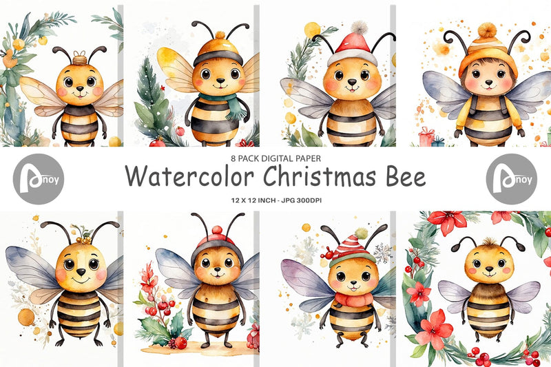 Digital Paper Watercolor Christmas Bee Digital Pattern artnoy 