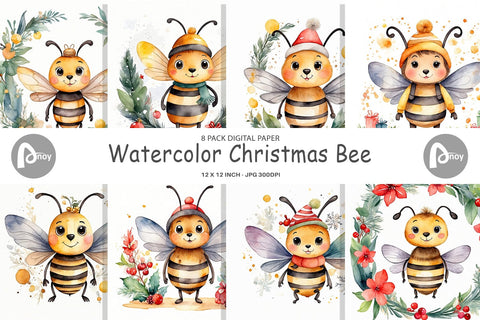 Digital Paper Watercolor Christmas Bee Digital Pattern artnoy 