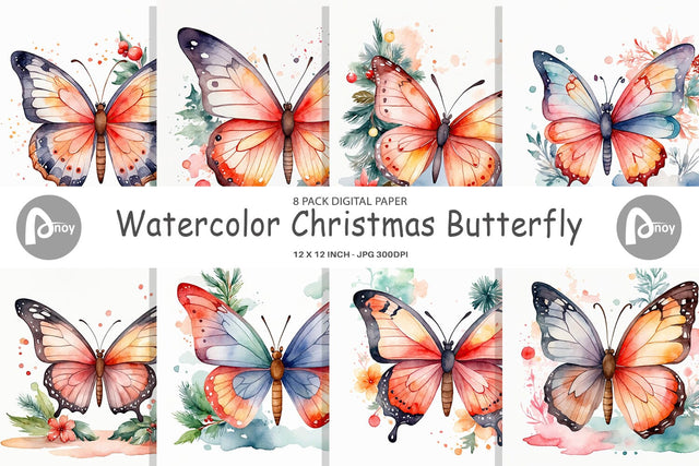 Digital Paper Watercolor Christmas Butterfly Digital Pattern artnoy 