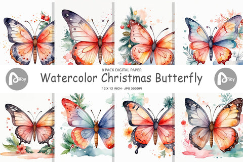 Digital Paper Watercolor Christmas Butterfly Digital Pattern artnoy 