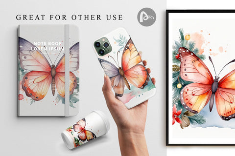 Digital Paper Watercolor Christmas Butterfly Digital Pattern artnoy 