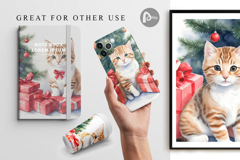 Digital Paper Watercolor Christmas Cat Digital Pattern artnoy 