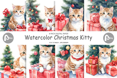 Digital Paper Watercolor Christmas Cat Digital Pattern artnoy 
