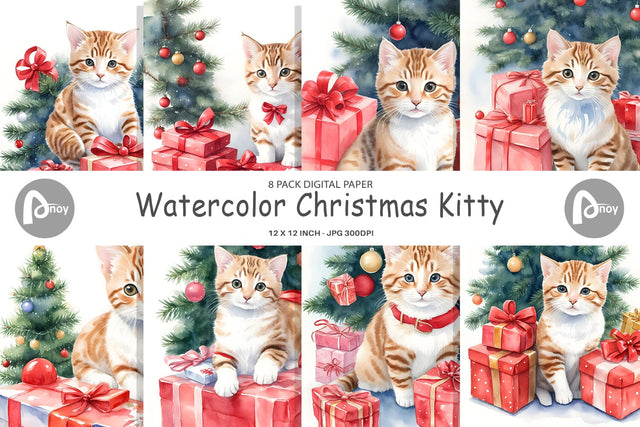 Digital Paper Watercolor Christmas Cat Digital Pattern artnoy 