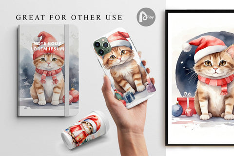 Digital Paper Watercolor Christmas Cat Digital Pattern artnoy 