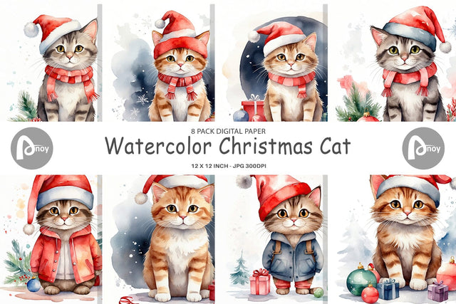 Digital Paper Watercolor Christmas Cat Digital Pattern artnoy 