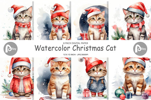 Digital Paper Watercolor Christmas Cat Digital Pattern artnoy 