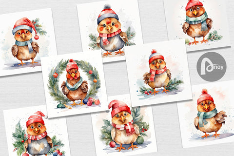 Digital Paper Watercolor Christmas Chiken Digital Pattern artnoy 