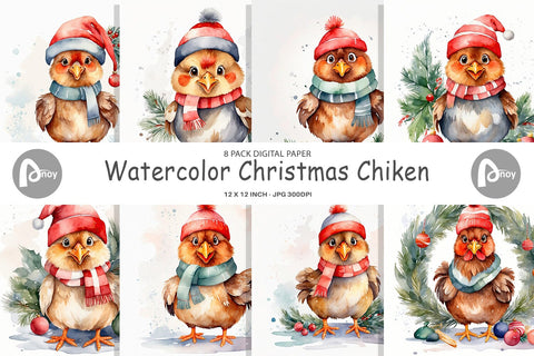Digital Paper Watercolor Christmas Chiken Digital Pattern artnoy 