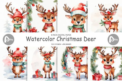 Digital Paper Watercolor Christmas Deer Digital Pattern artnoy 