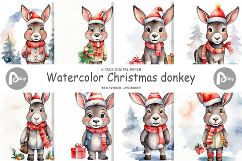 Digital Paper Watercolor Christmas donkey Digital Pattern artnoy 