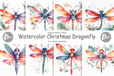 Digital Paper Watercolor Christmas Dragonfly Digital Pattern artnoy 