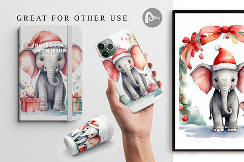 Digital Paper Watercolor Christmas Elephant Digital Pattern artnoy 