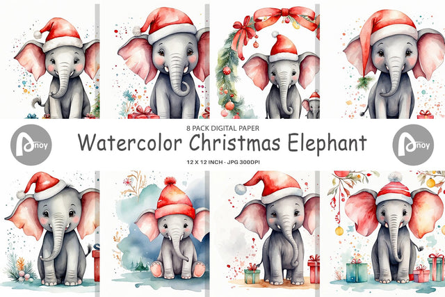 Digital Paper Watercolor Christmas Elephant Digital Pattern artnoy 