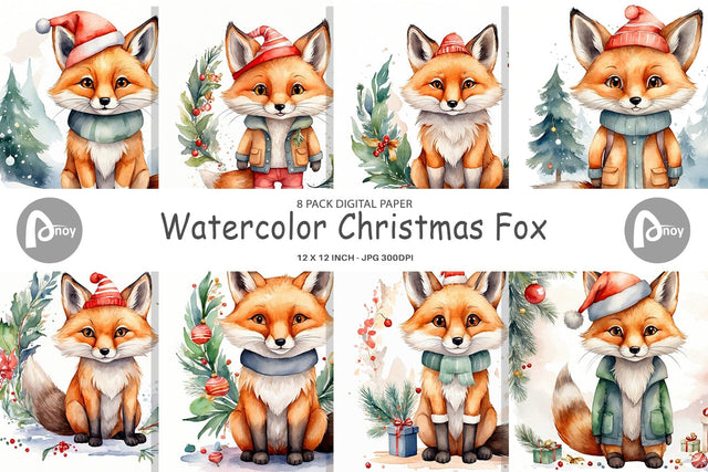 Digital Paper Watercolor Christmas Fox Digital Pattern artnoy 