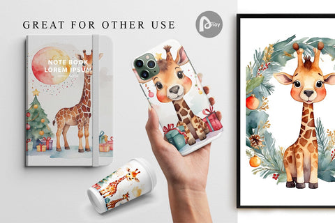Digital Paper Watercolor Christmas Giraffe Digital Pattern artnoy 