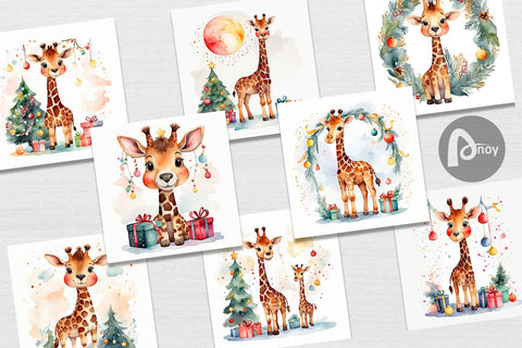 Digital Paper Watercolor Christmas Giraffe Digital Pattern artnoy 