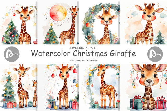 Digital Paper Watercolor Christmas Giraffe Digital Pattern artnoy 